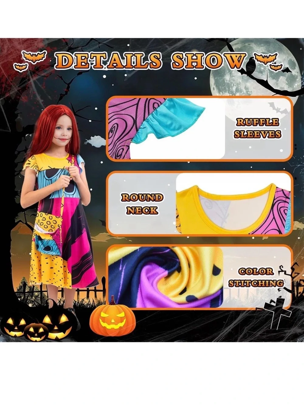Girls Sally Costume From Nightmare Before Christmas, Includes Red Wig Size Small